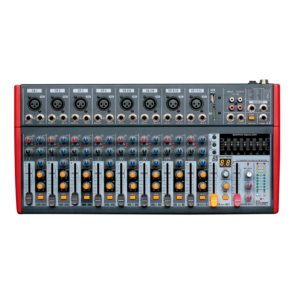 PZ-AM-1202FX Mezcladora de audio de 12 CH con USB, BT + 99DSP (Digital multi effects), Phantom 48V «POTTENZA PREMIUM»